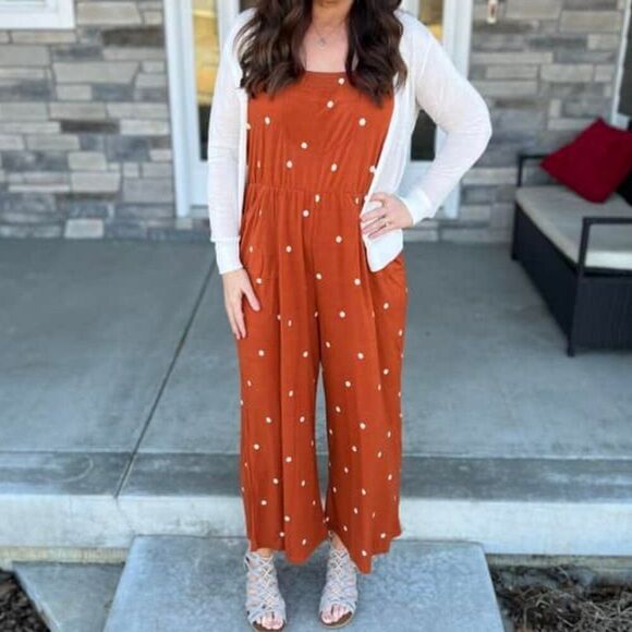 NEW LuLaRoe Leola Wide Leg Cami Jumpsuit Orange Pumpkin Polka Dot White NWT BOHO - Picture 7 of 9